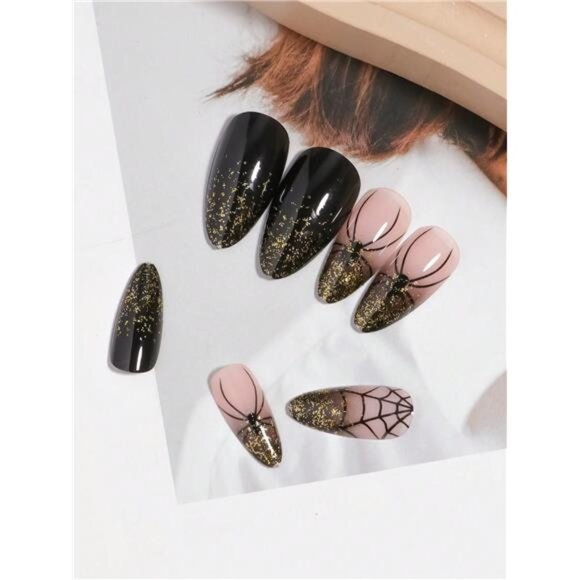 24-Piece Halloween Spider Web With Gold Glitter Press On Nails - Picture 2 of 8